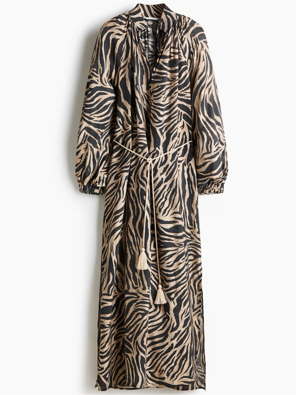 H&M Zebra-Print Tie-Waist Maxi Dress in Beige and Black